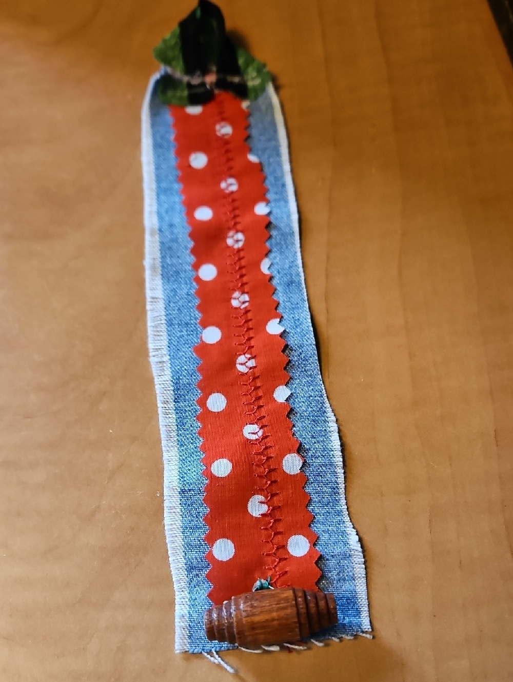 Hand Crafted Red Polka  with Denim Frayed Wooden Button & Loop Bracelet Sz 9inch